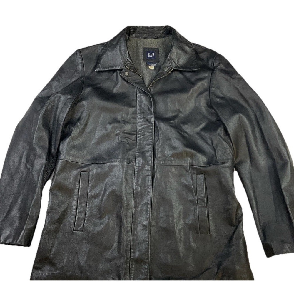 Gap Genuine Leather Coat Jacket Womens L Black Wool Lined Full Zip 2000 Vintage